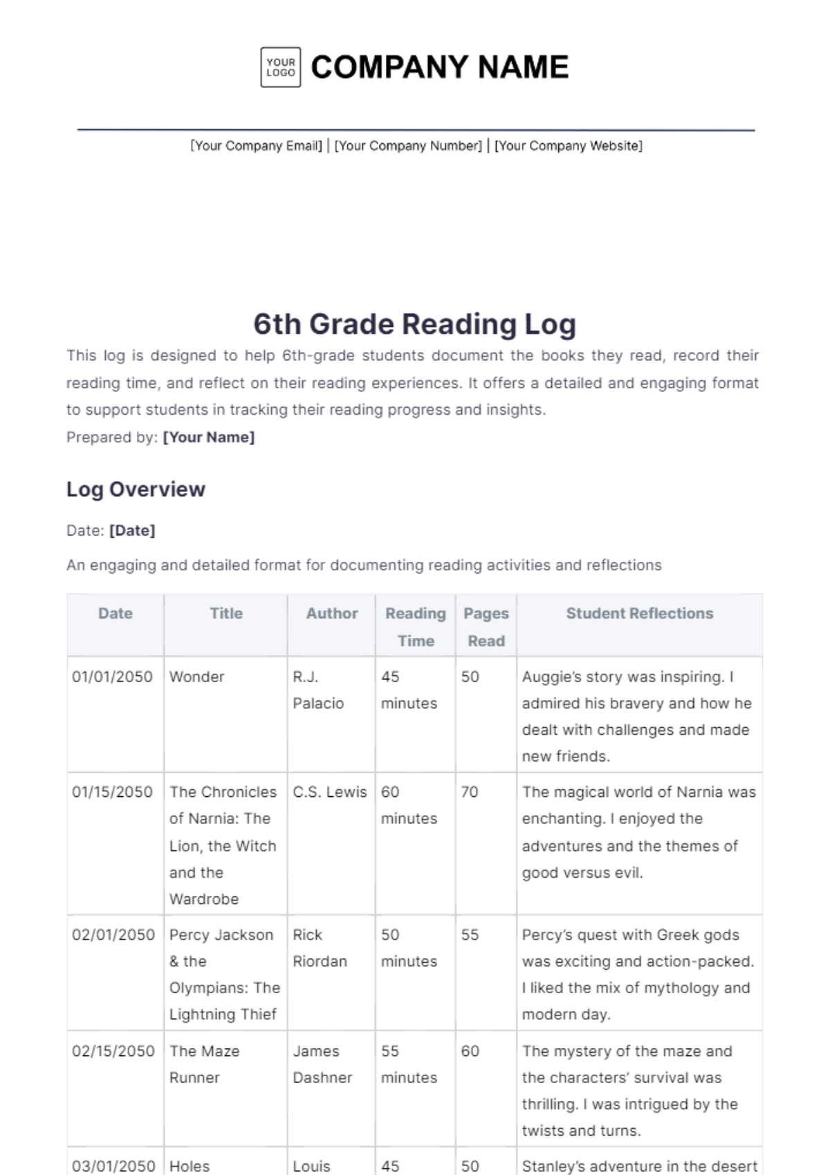 6th Grade Reading Log Template - Edit Online & Download