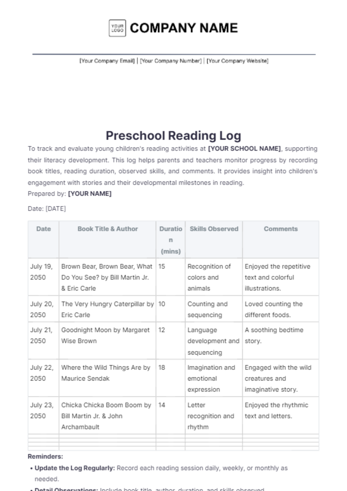 Preschool Reading Log Template - Edit Online & Download