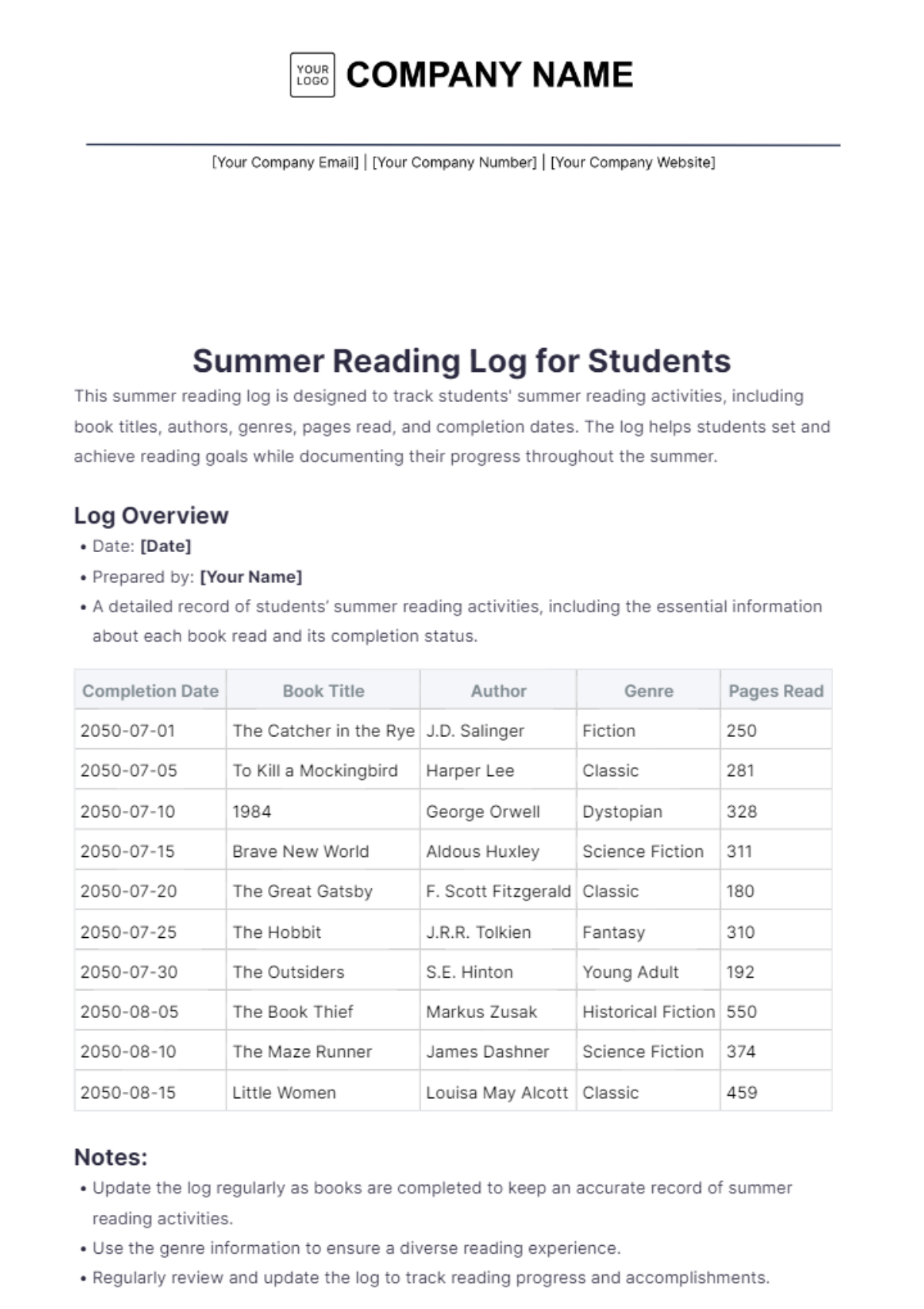 Summer Reading Log for Students Template - Edit Online & Download