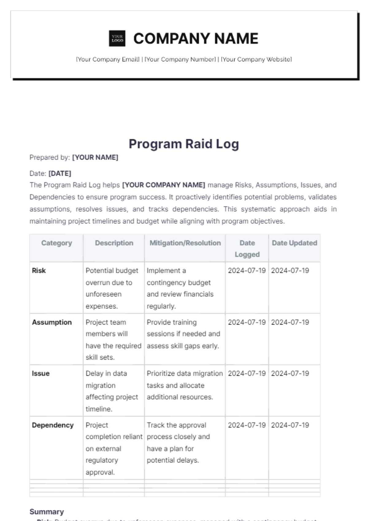 Program RAID Log Template - Edit Online & Download