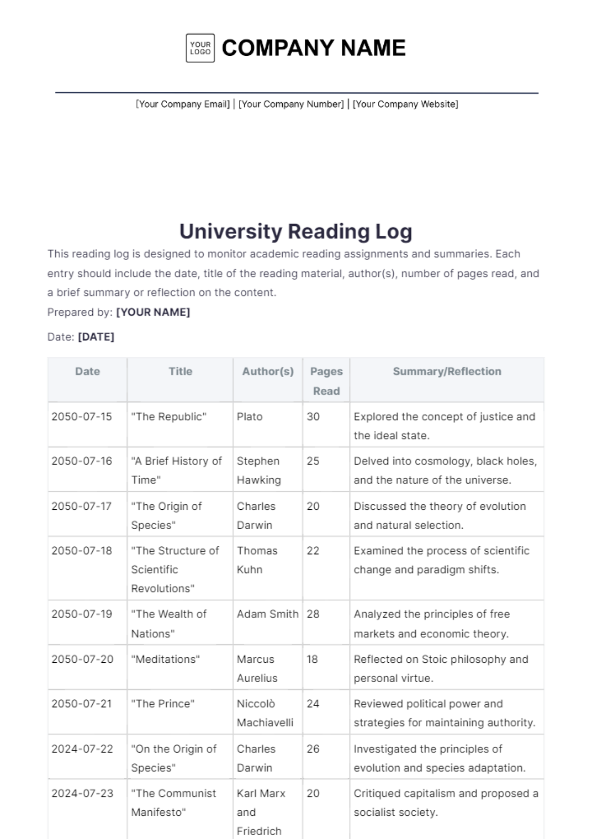 University Reading Log Template - Edit Online & Download