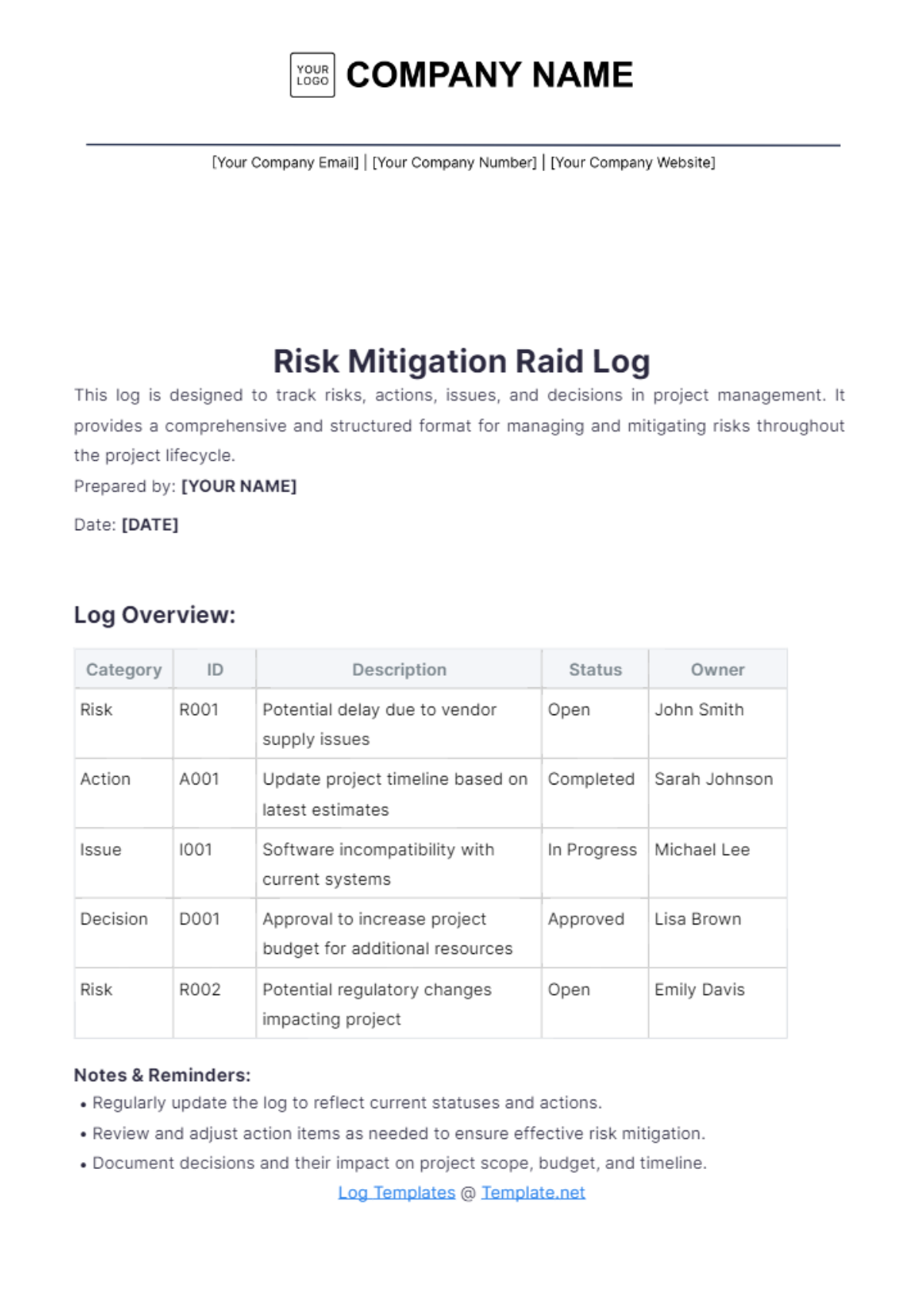 Risk Mitigation Raid Log Template - Edit Online & Download