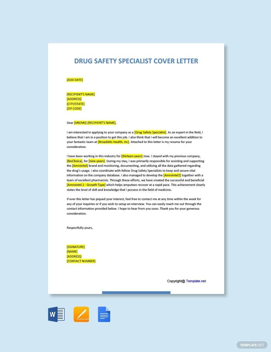 Drug Safety Specialist Cover Letter Template