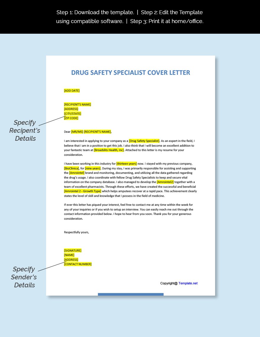 Drug Safety Specialist Cover Letter Template