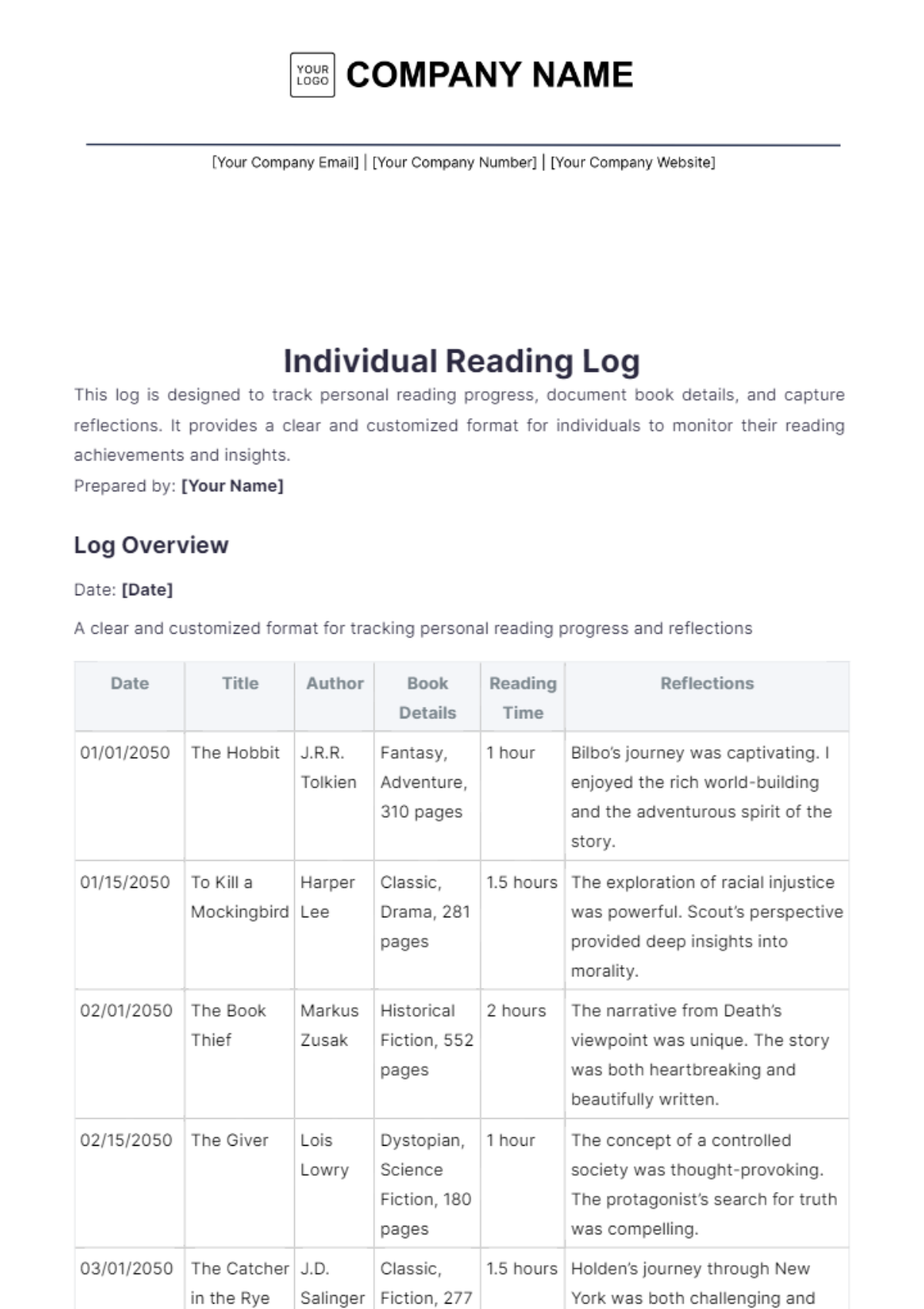 Individual Reading Log Template - Edit Online & Download