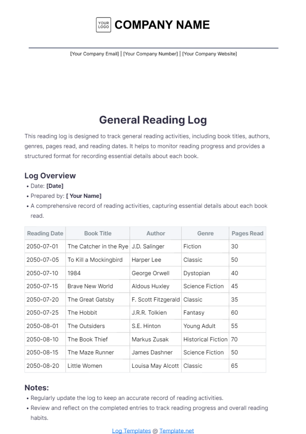 General Reading Log Template - Edit Online & Download