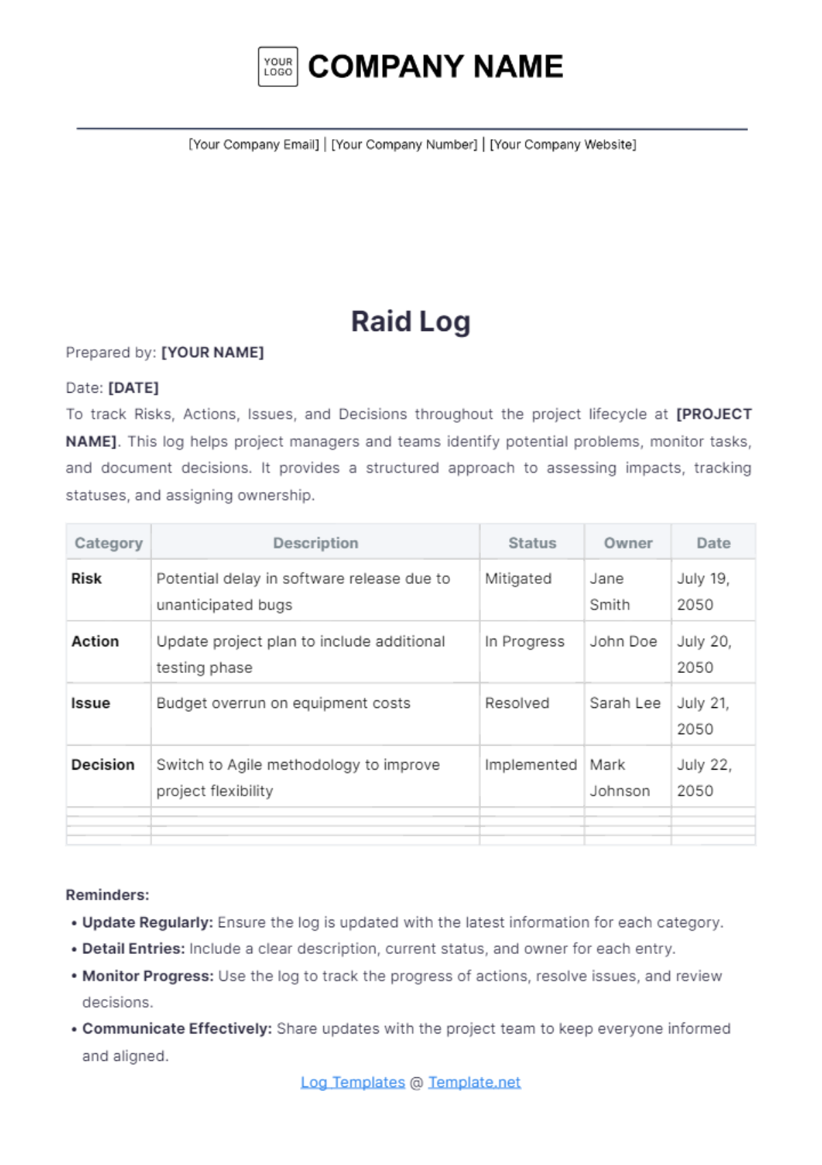 Raid Log Template - Edit Online & Download