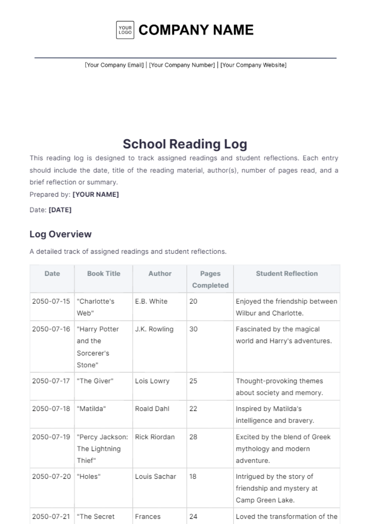 School Reading Log Template - Edit Online & Download