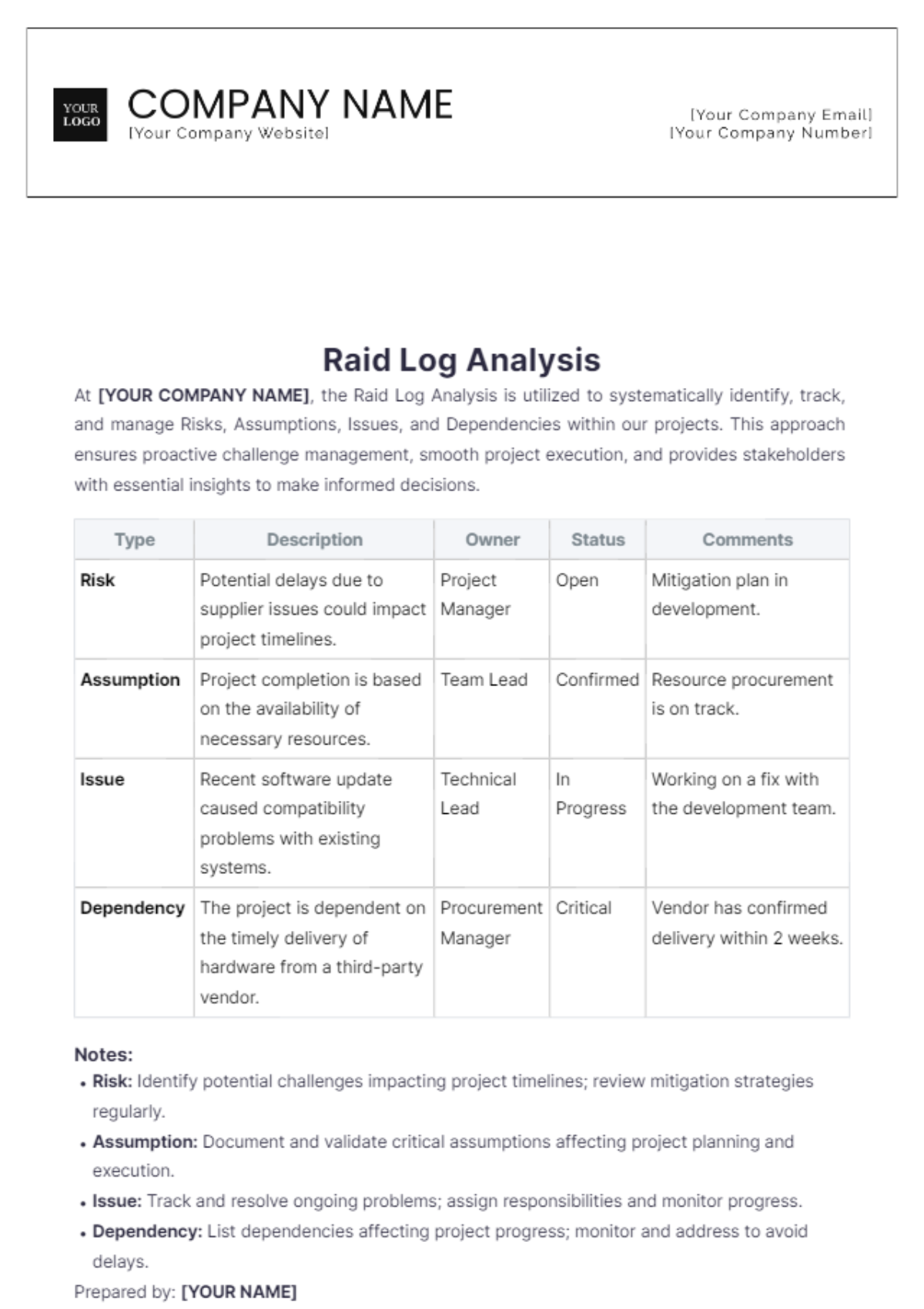 Raid Log Analysis Template - Edit Online & Download