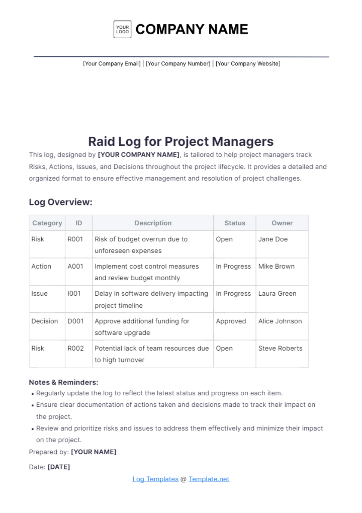 Raid Log for Project Managers Template - Edit Online & Download