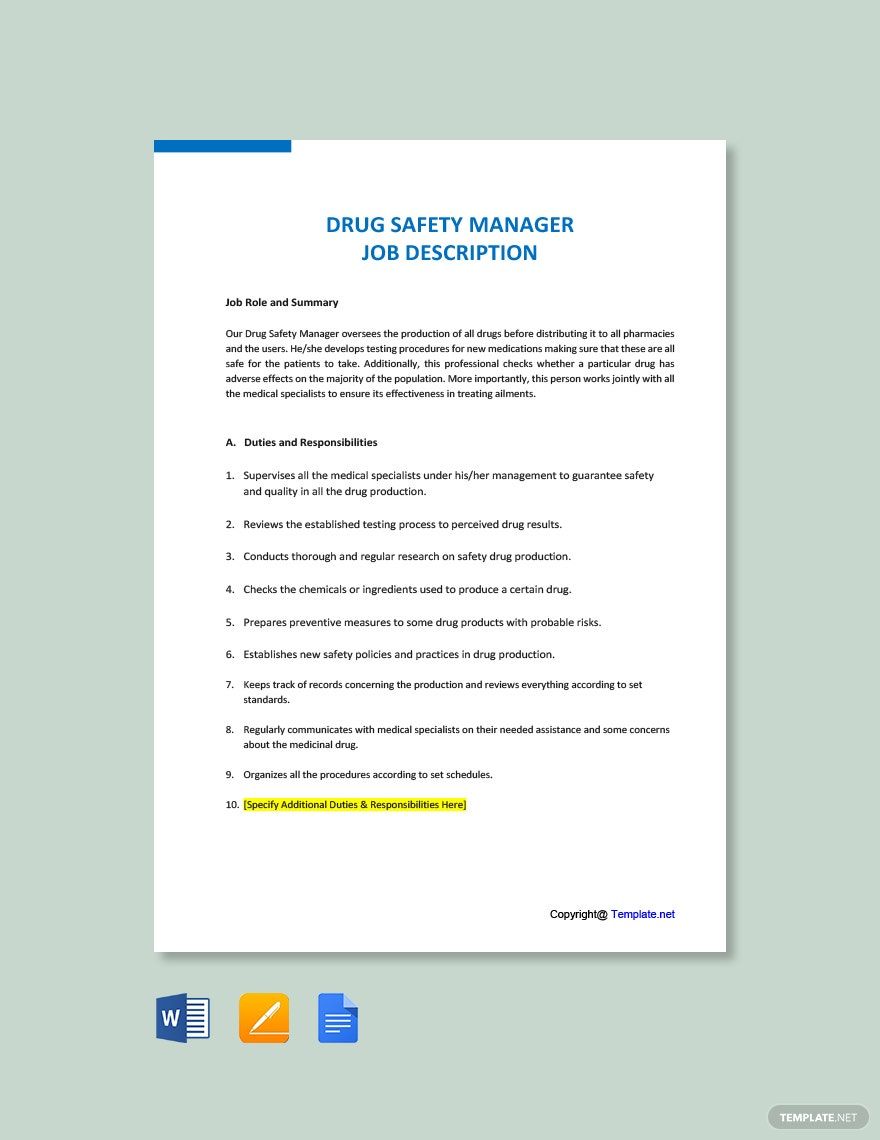 Free Drug Safety Manager Job Description Google Docs Word Apple Pages PDF Template