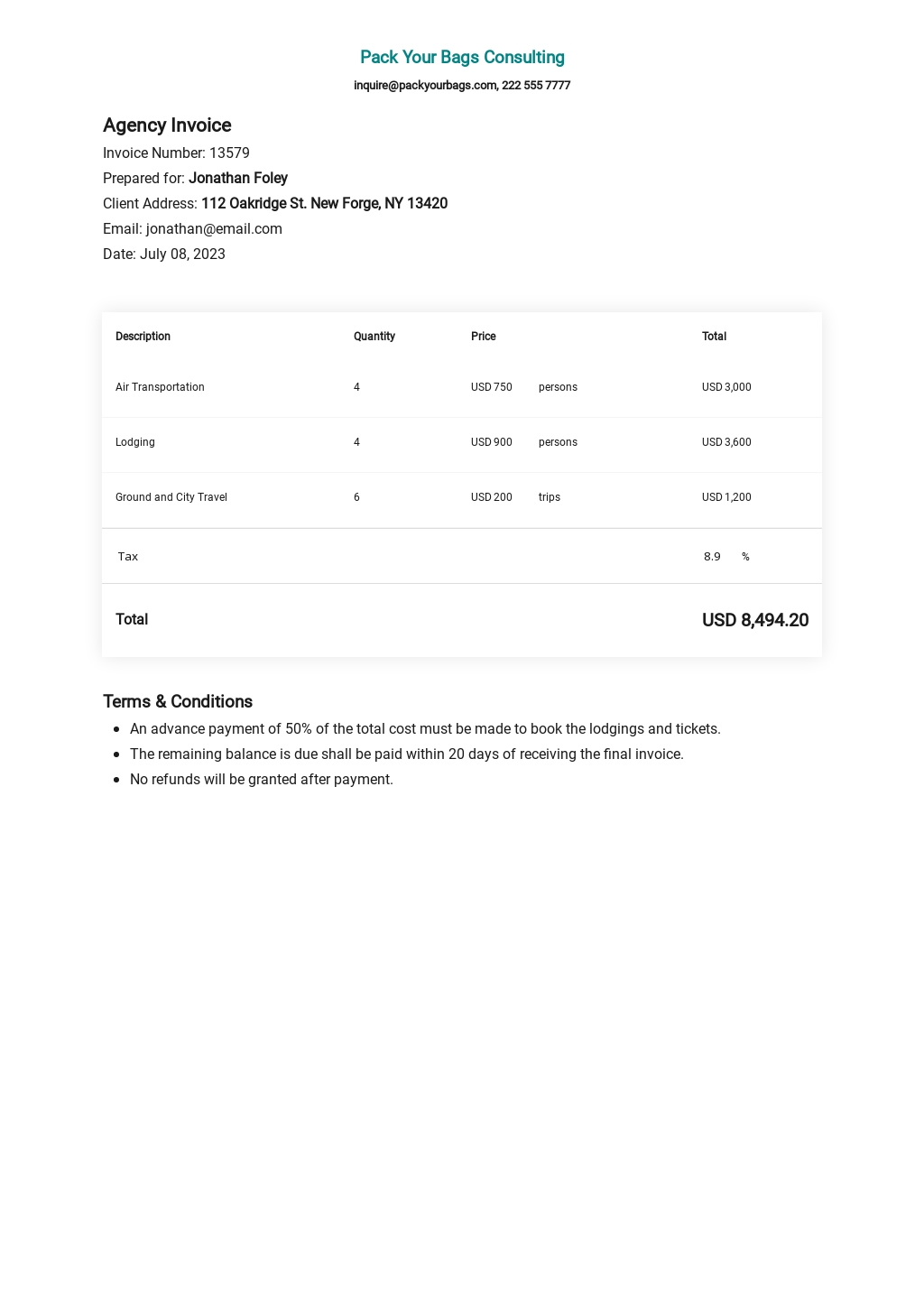 free travel agent invoice template