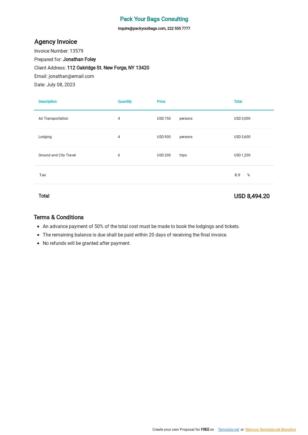 Travel Agency Invoice Template Free PDF Google Docs Google Sheets