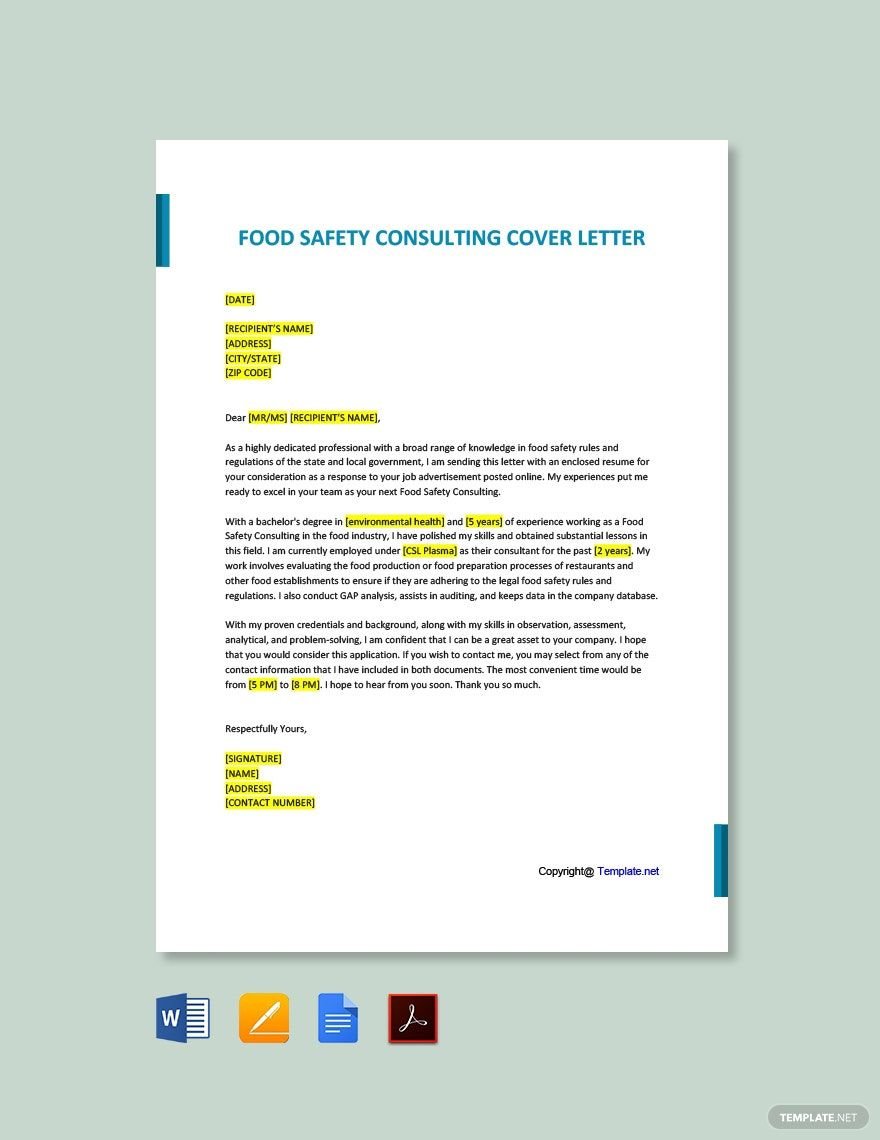Food Safety Consulting Cover Letter Template