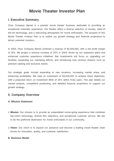 Free Movie Theater Investor Plan Template to Edit Online