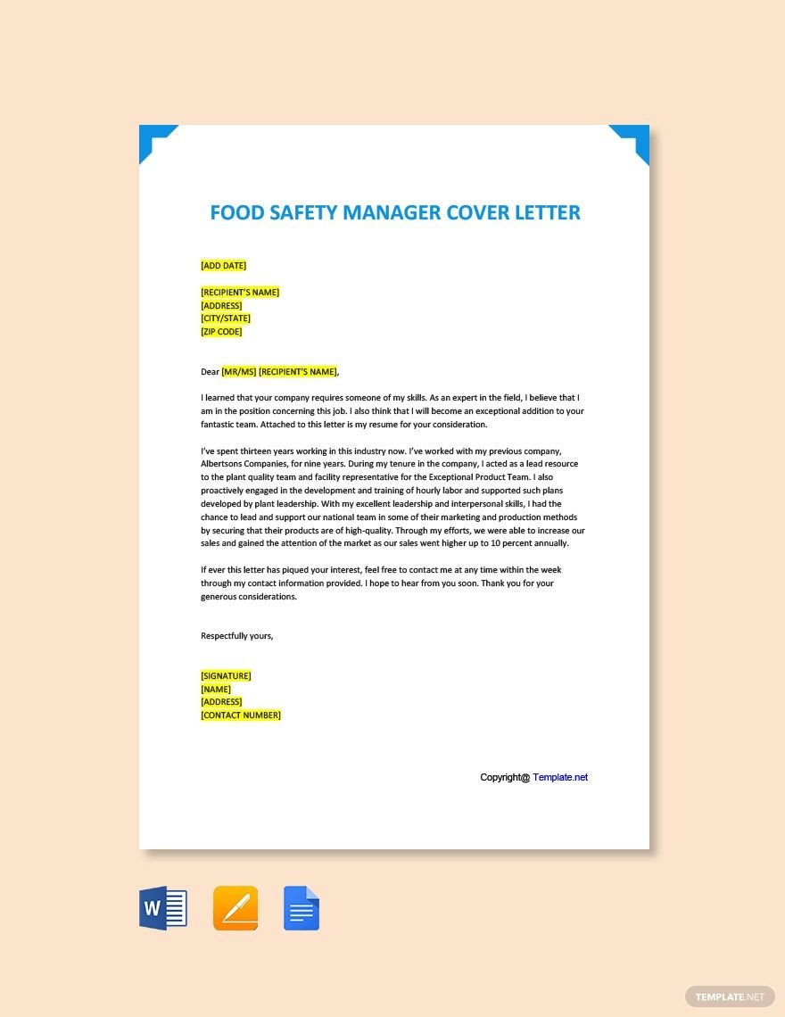 Food Safety Manager Cover Letter Template