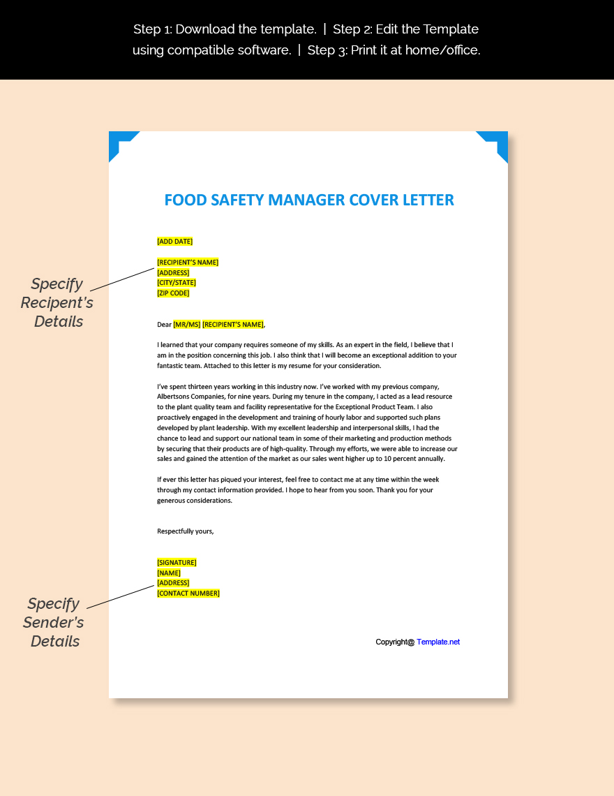 Food Safety Manager Cover Letter Template