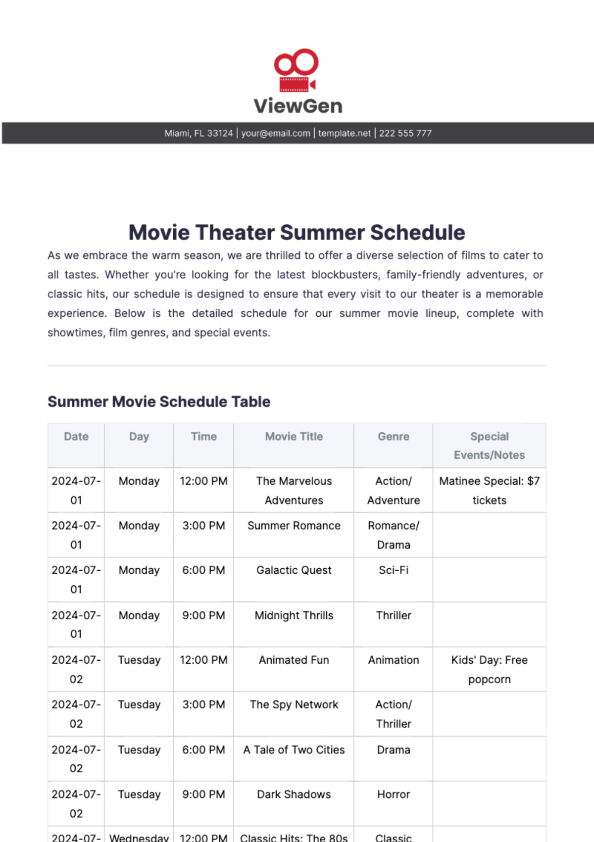 Movie Theater Summer Schedule Template - Edit Online & Download