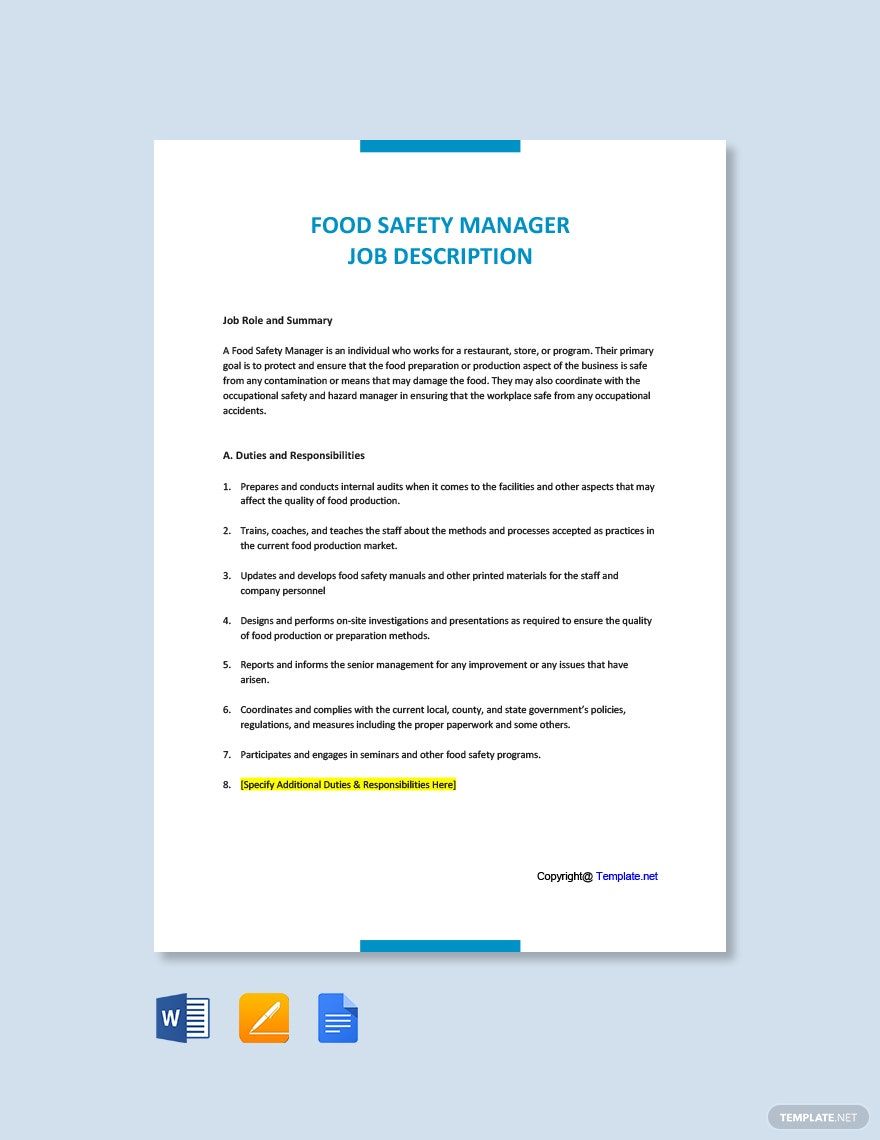 Free Food Safety Manager Job Description Template