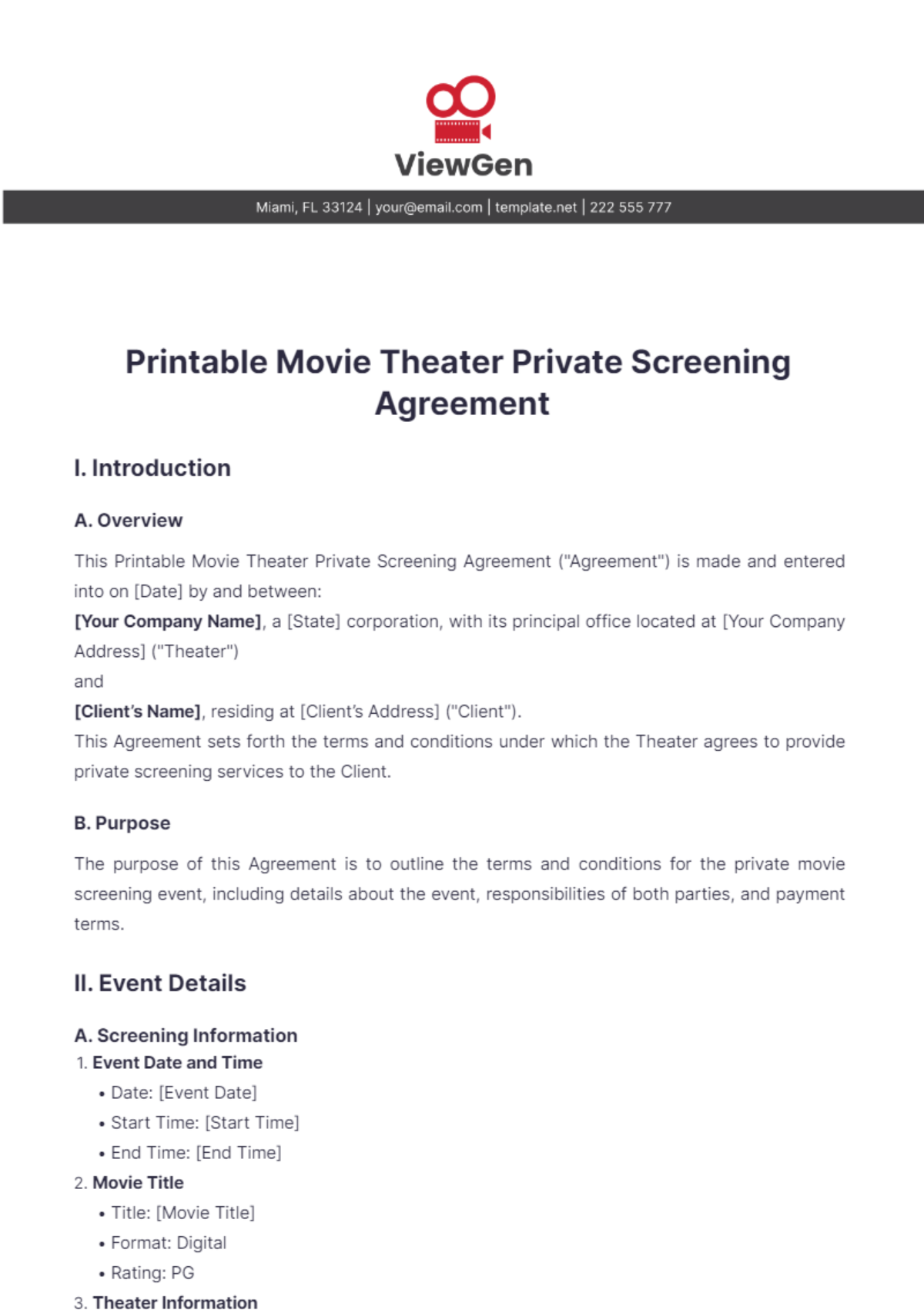 Printable Movie Theater Private Screening Agreement Template - Edit Online & Download