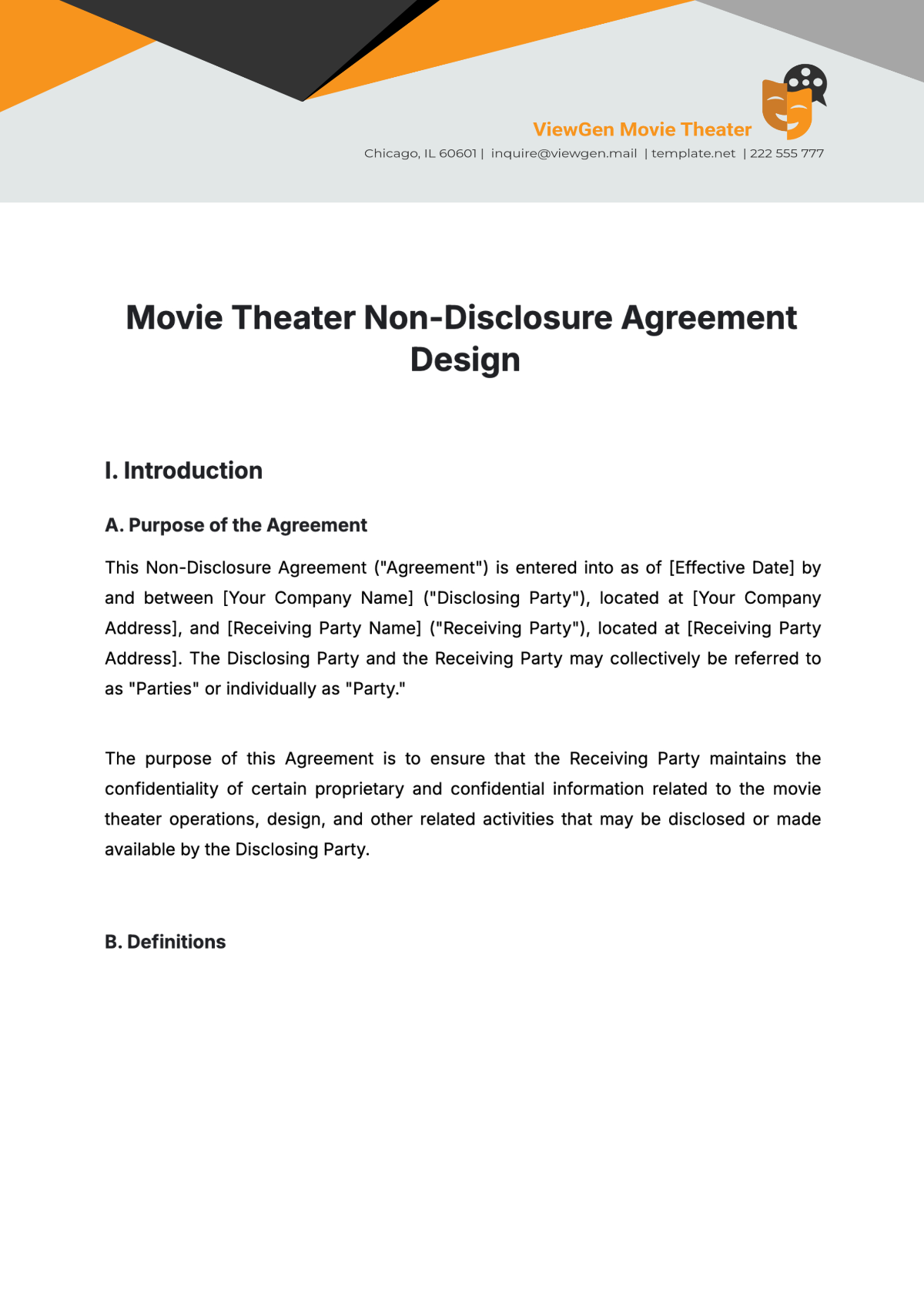 Movie Theater Non-Disclosure Agreement Design Template - Edit Online & Download