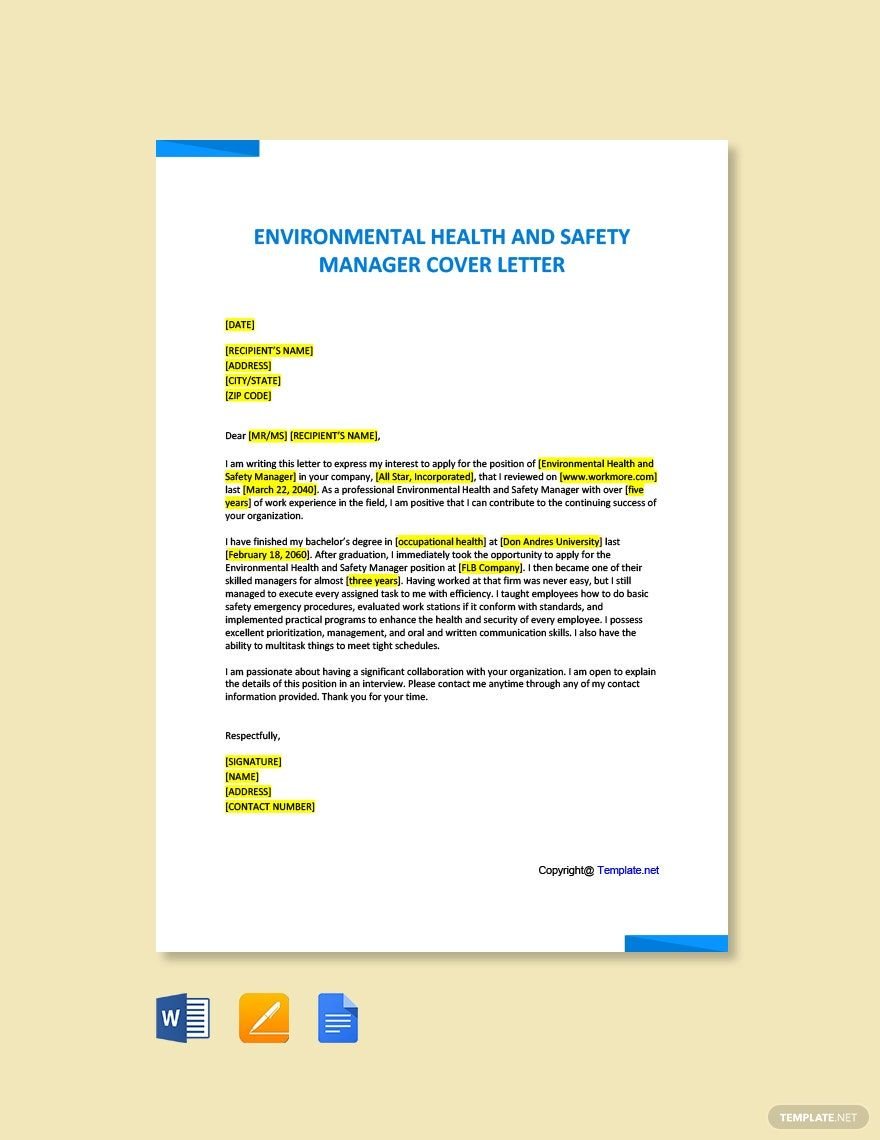 Environmental Health And Safety Manager Sample Cover Letter Template