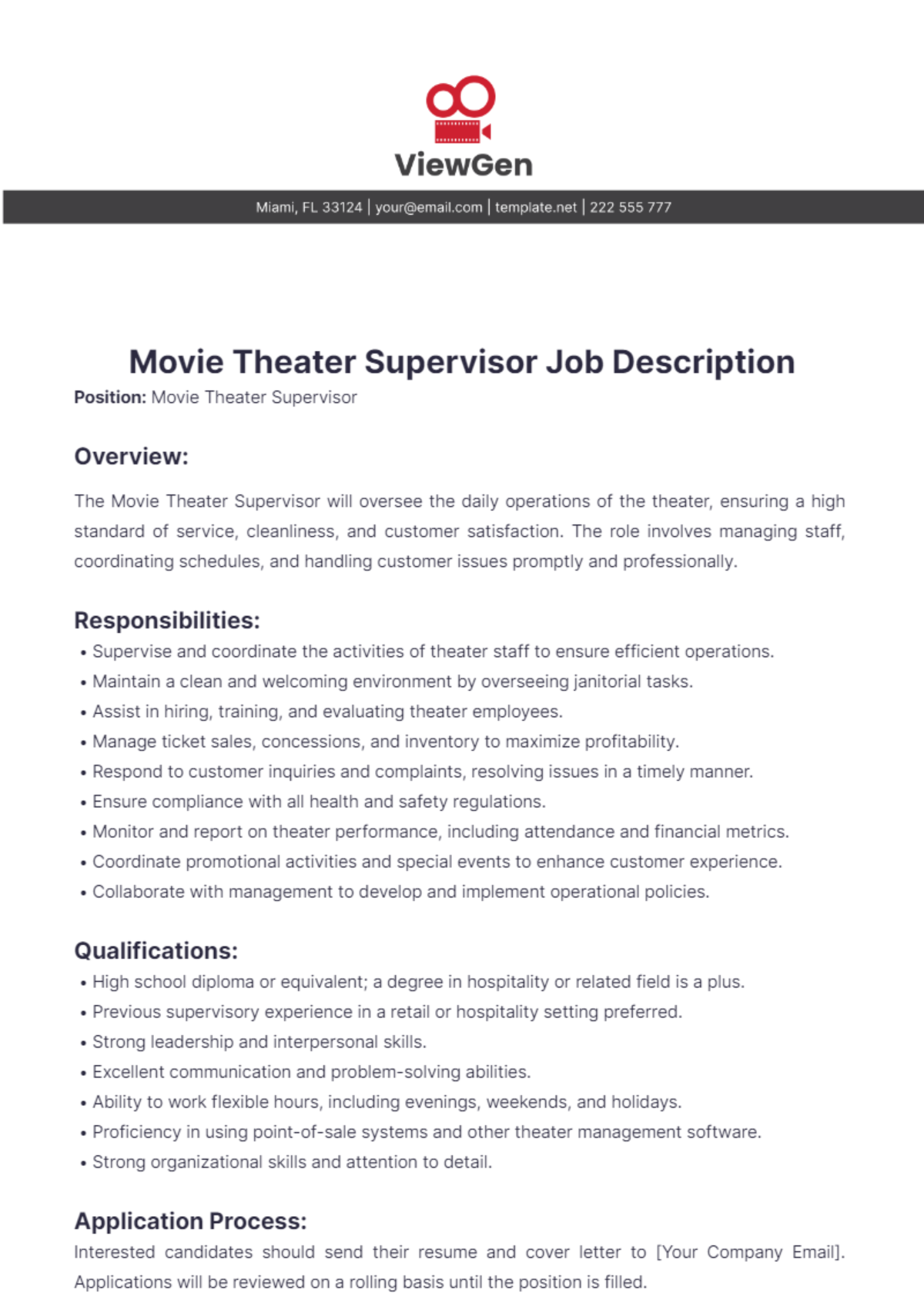 Movie Theater Supervisor Job Description Template - Edit Online & Download