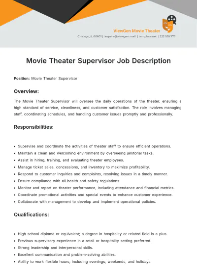Free Movie Theater Supervisor Job Description Template to Edit Online