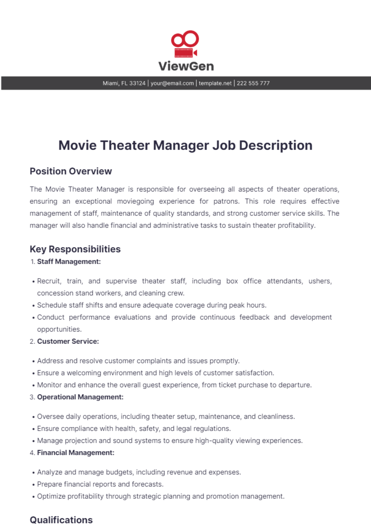 Movie Theater Manager Job Description Template - Edit Online & Download