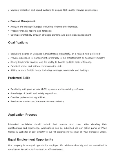 Free Movie Theater Manager Job Description Template to Edit Online