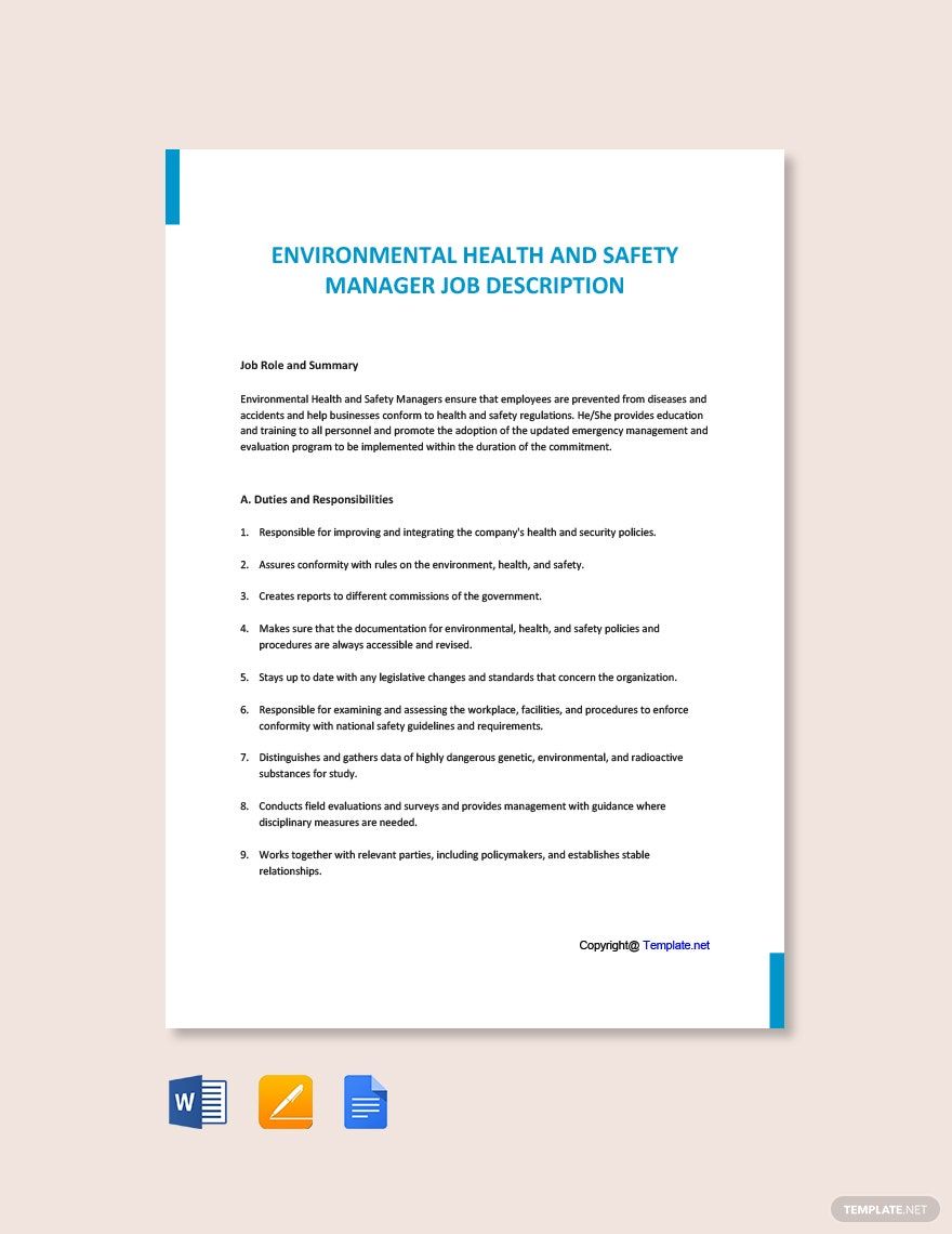 Environmental Health And Safety Manager Sample Job Description Template