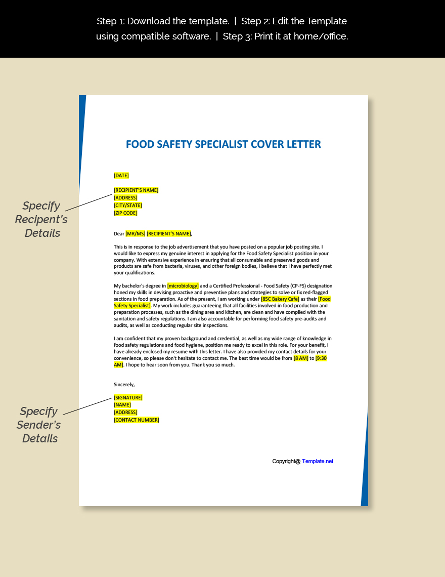 Food Safety Specialist Cover Letter Template