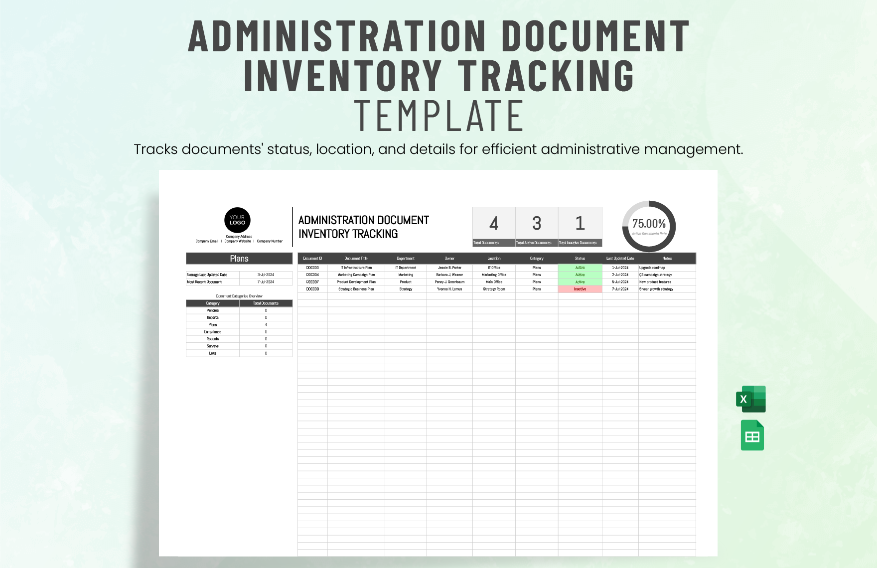 Administration Document Inventory Tracking Template in Excel, Google Sheets