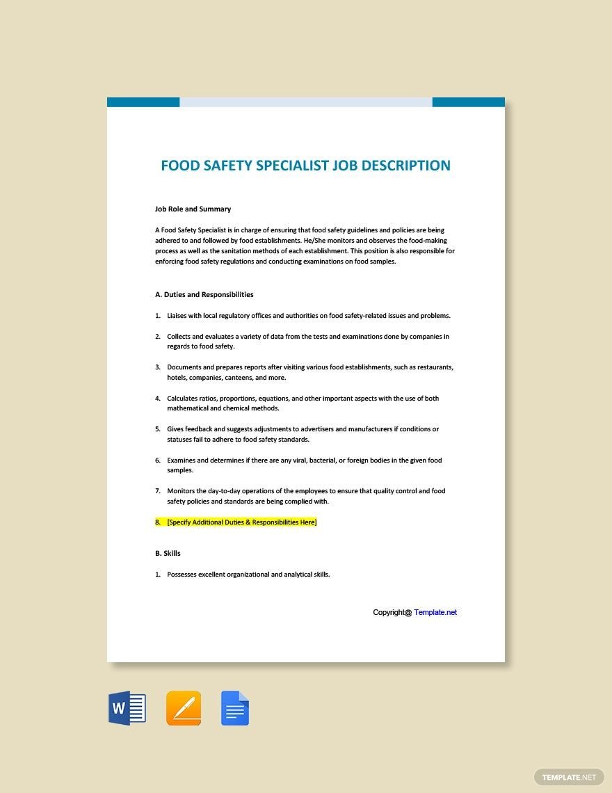Food Safety Specialist Job Ad/Description Template
