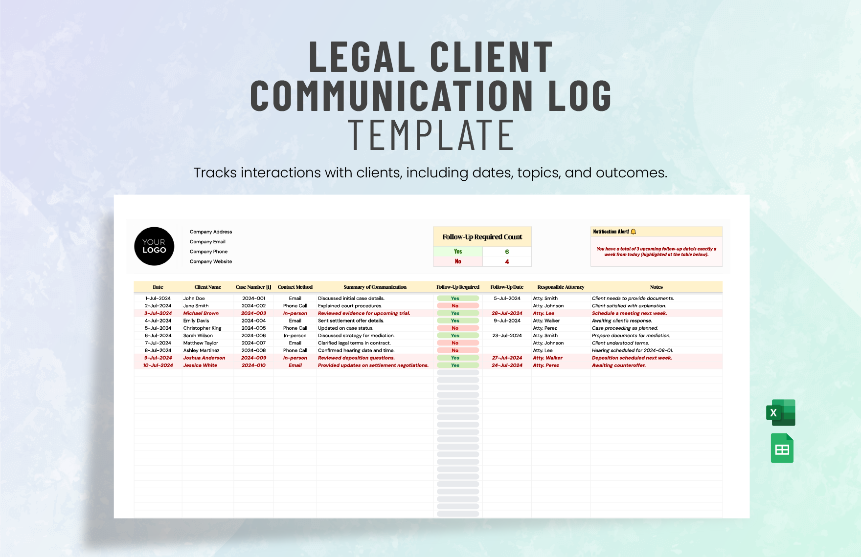Legal Client Communication Log Template in Excel, Google Sheets