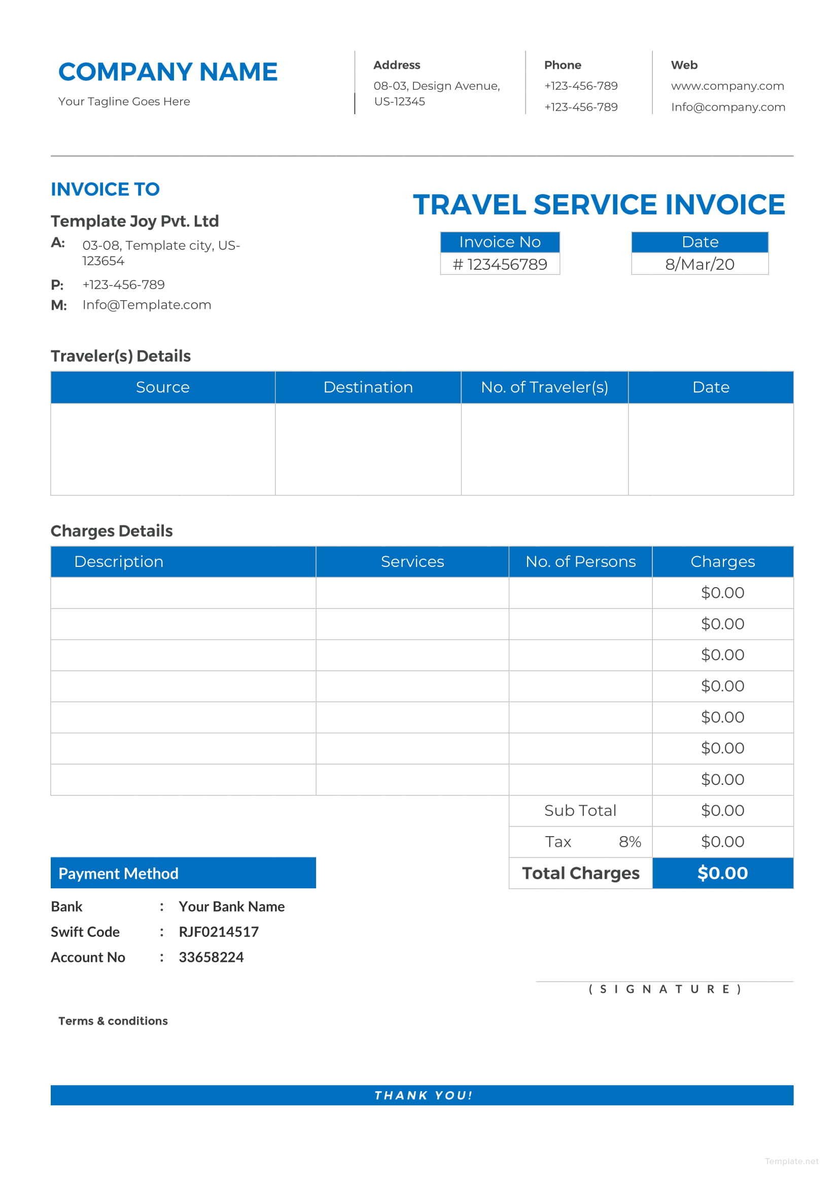 Travel Service in Invoice Template in Microsoft Word, Excel