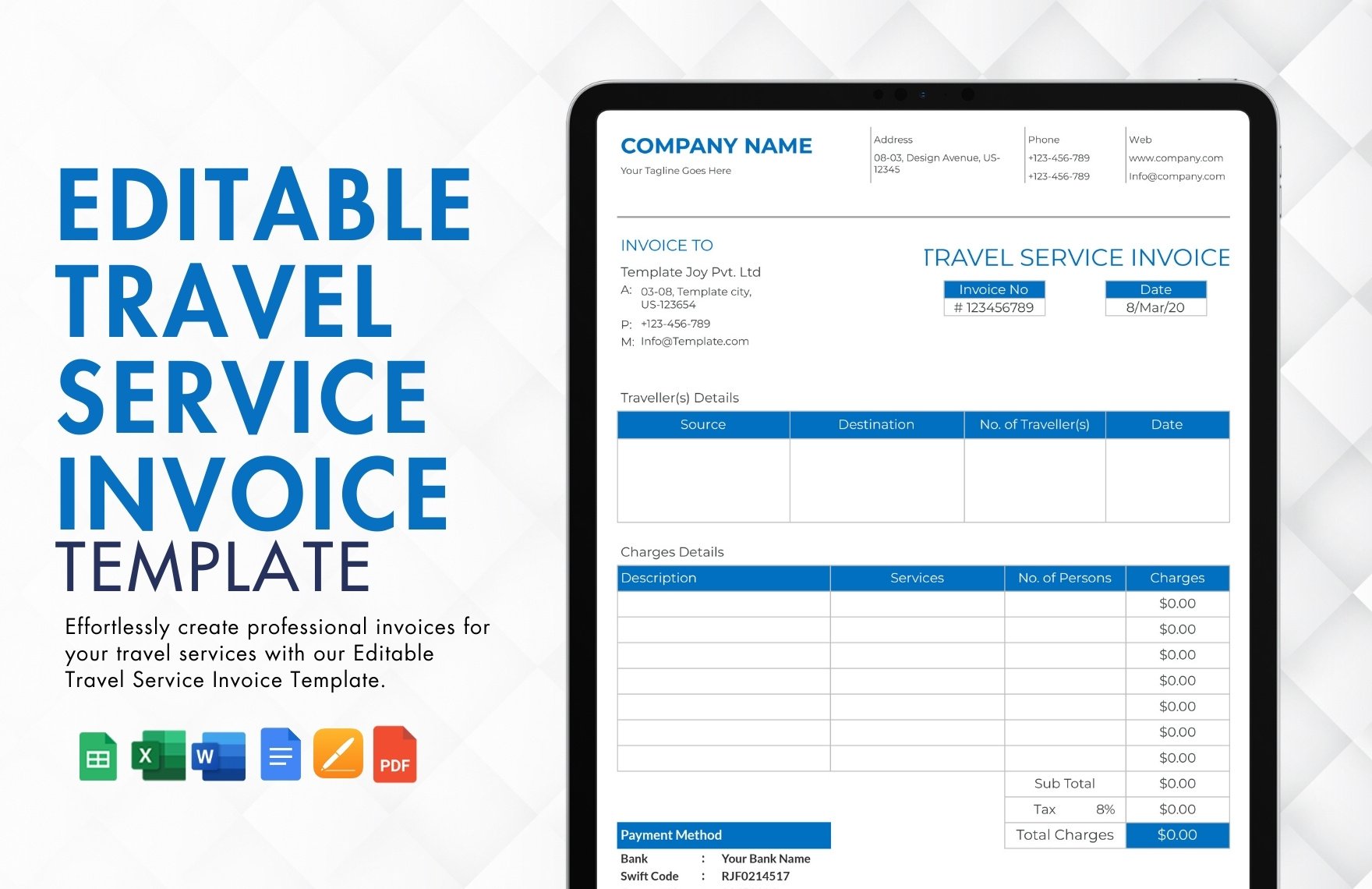 Editable Travel Service Invoice Template