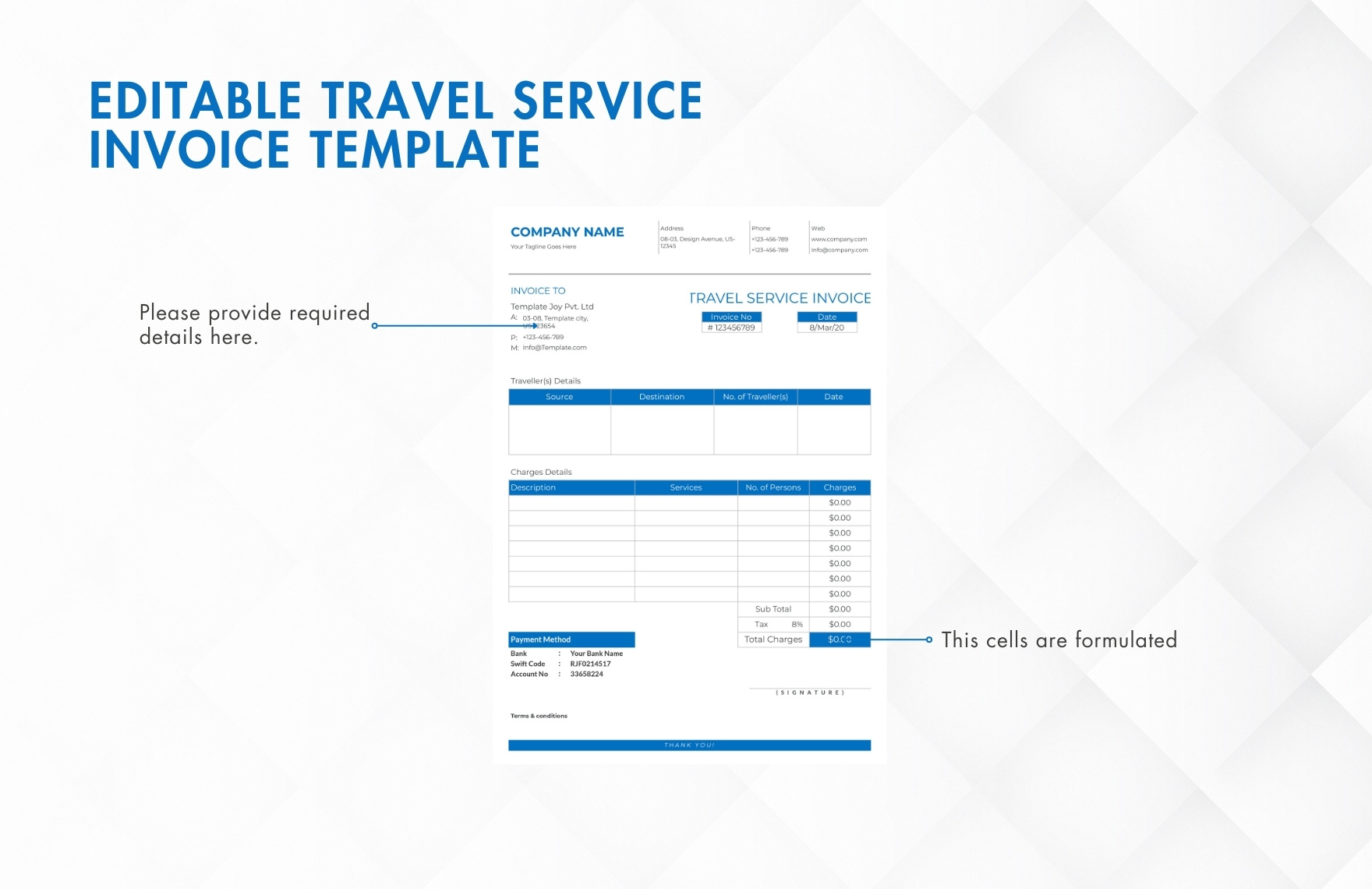 Editable Travel Service Invoice Template