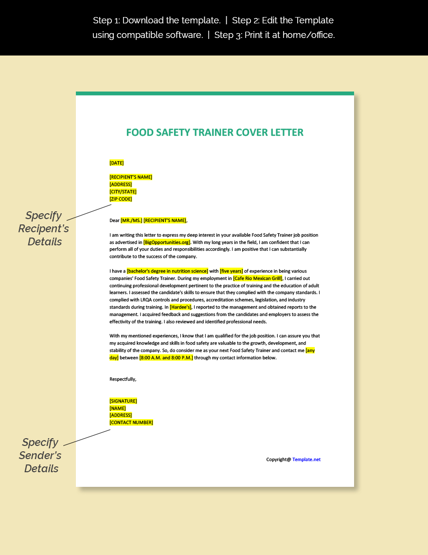 Food Safety Trainer Cover Letter Template