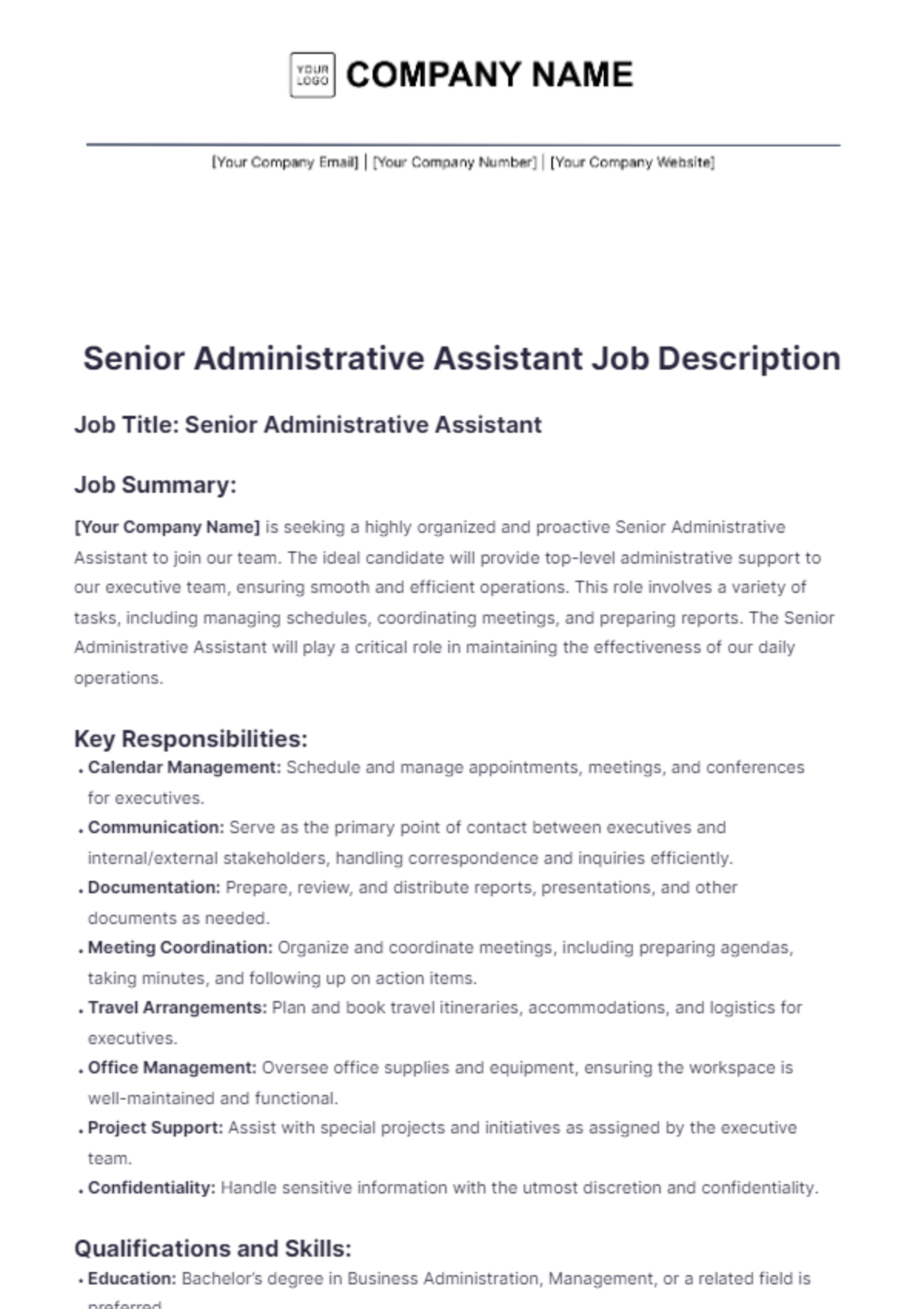 Senior Admin Assistant Job Description Template - Edit Online & Download