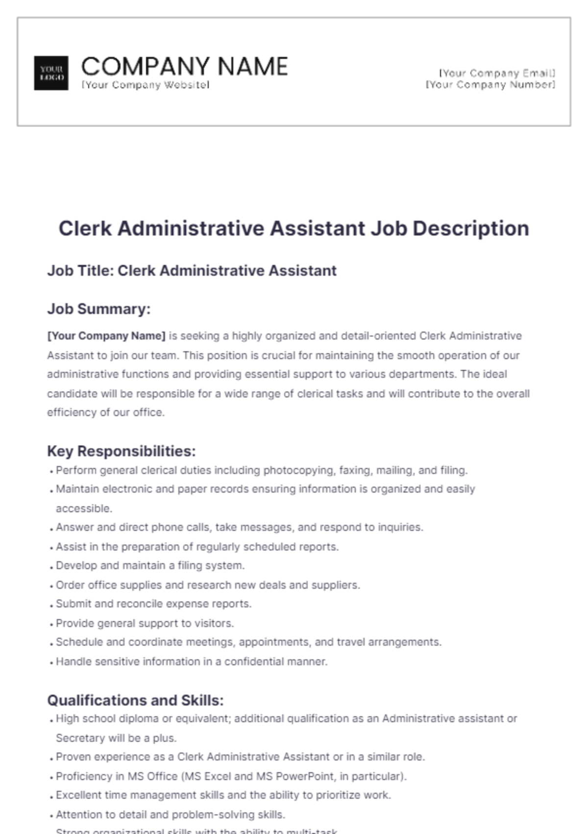 Clerk Administrative Assistant Job Description Template - Edit Online & Download