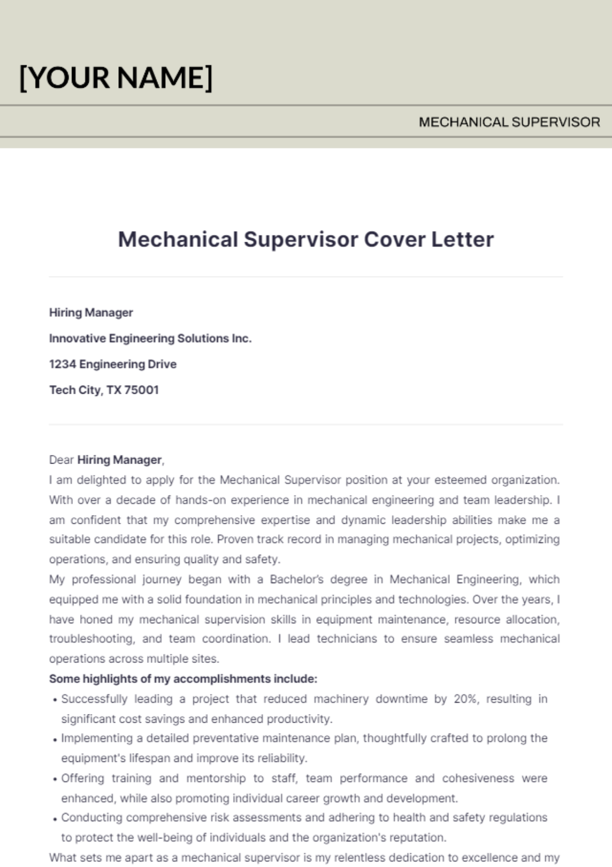 Mechanical Supervisor Cover Letter - Edit Online & Download