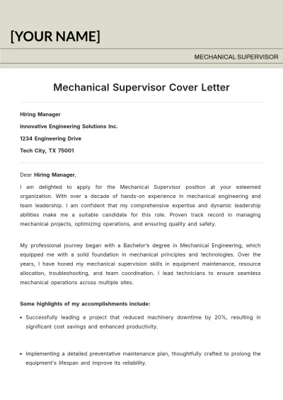 Free Mechanical Supervisor Cover Letter to Edit Online