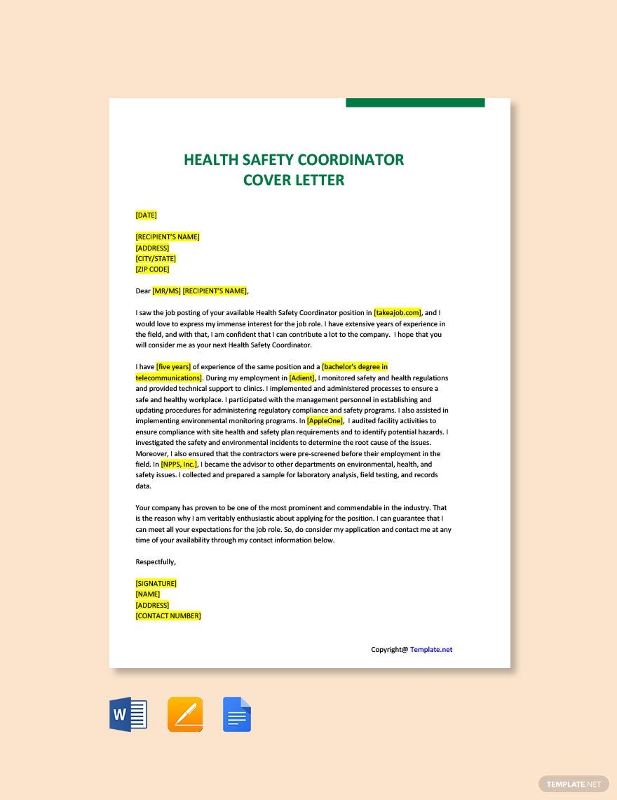 Health Safety Coordinator Cover Letter Template