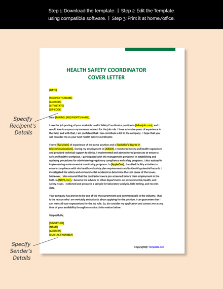 Health Safety Coordinator Cover Letter Template