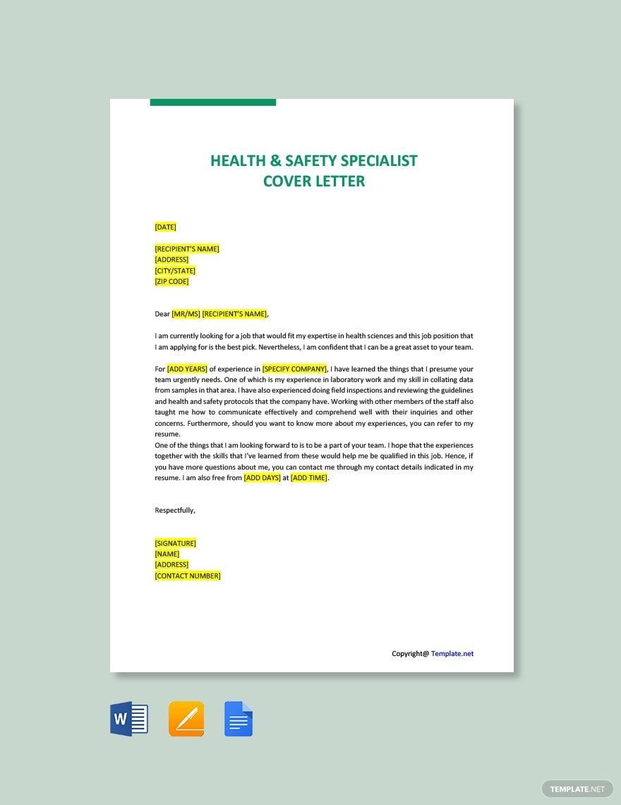 Health & Safety Specialist Cover Letter