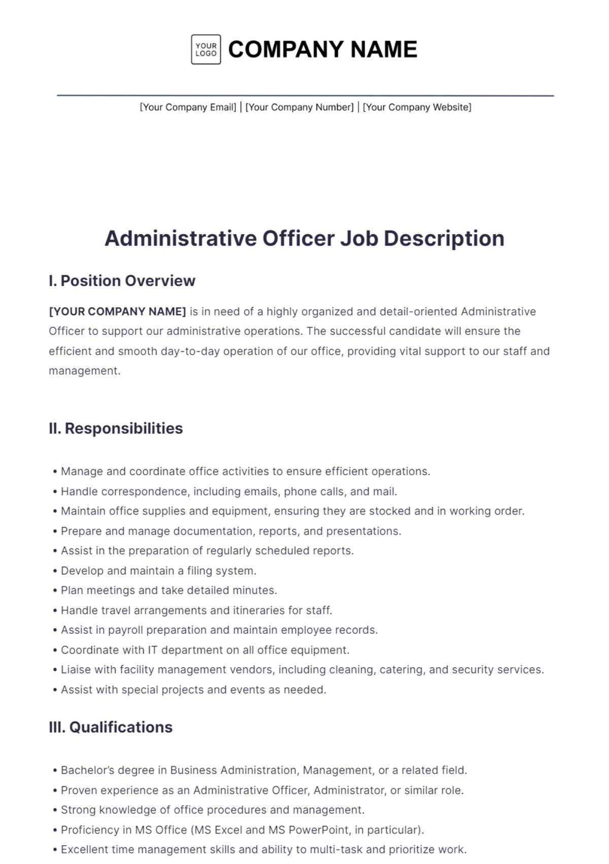 Administrative Officer Job Description Template - Edit Online & Download