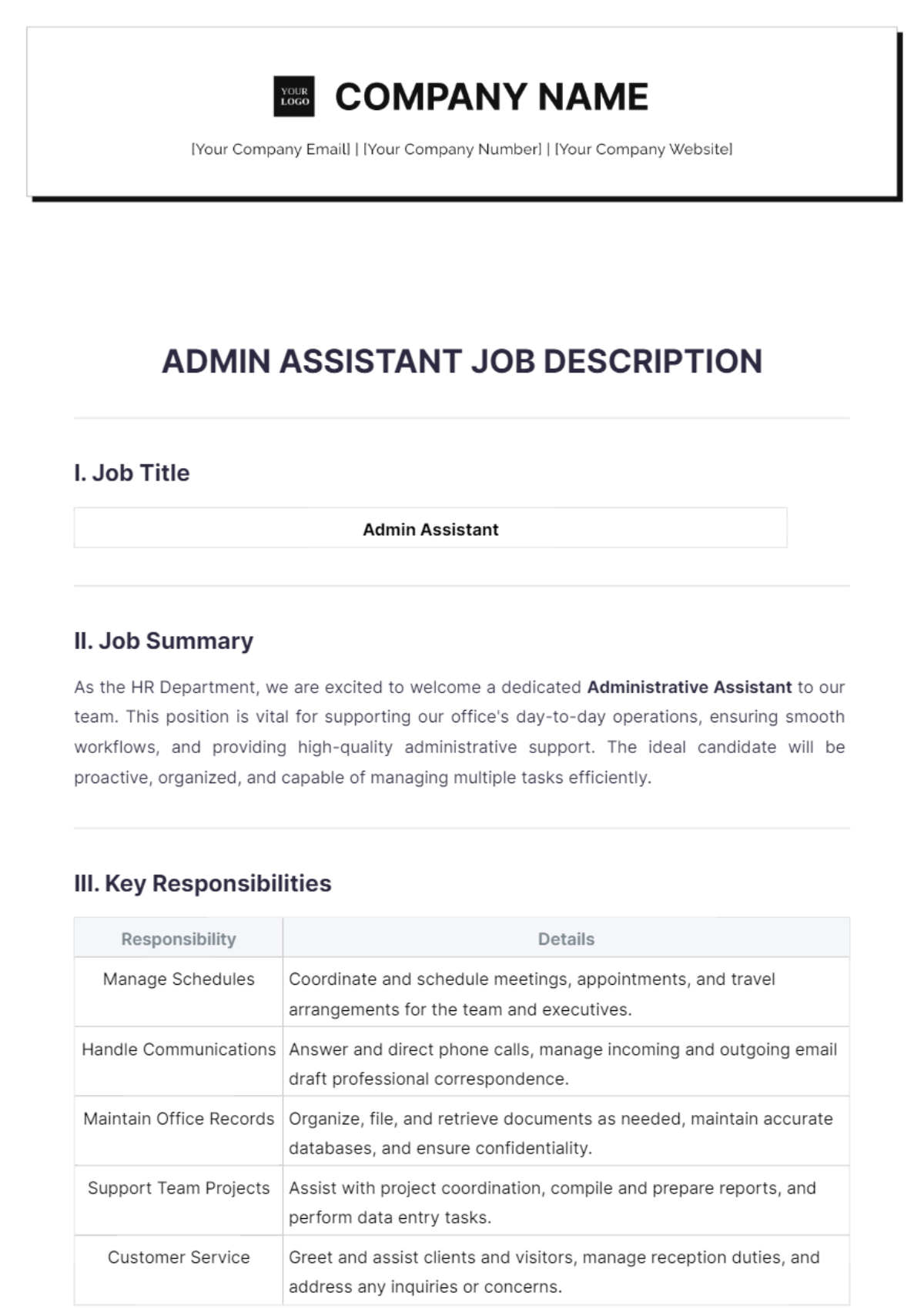 Admin Assistant Job Description Template - Edit Online & Download