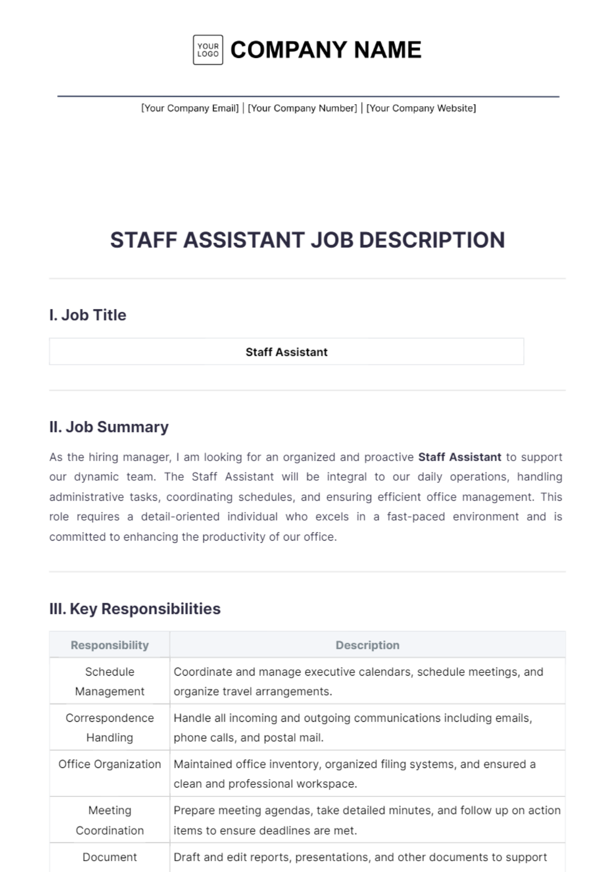 Staff Assistant Job Description Template - Edit Online & Download