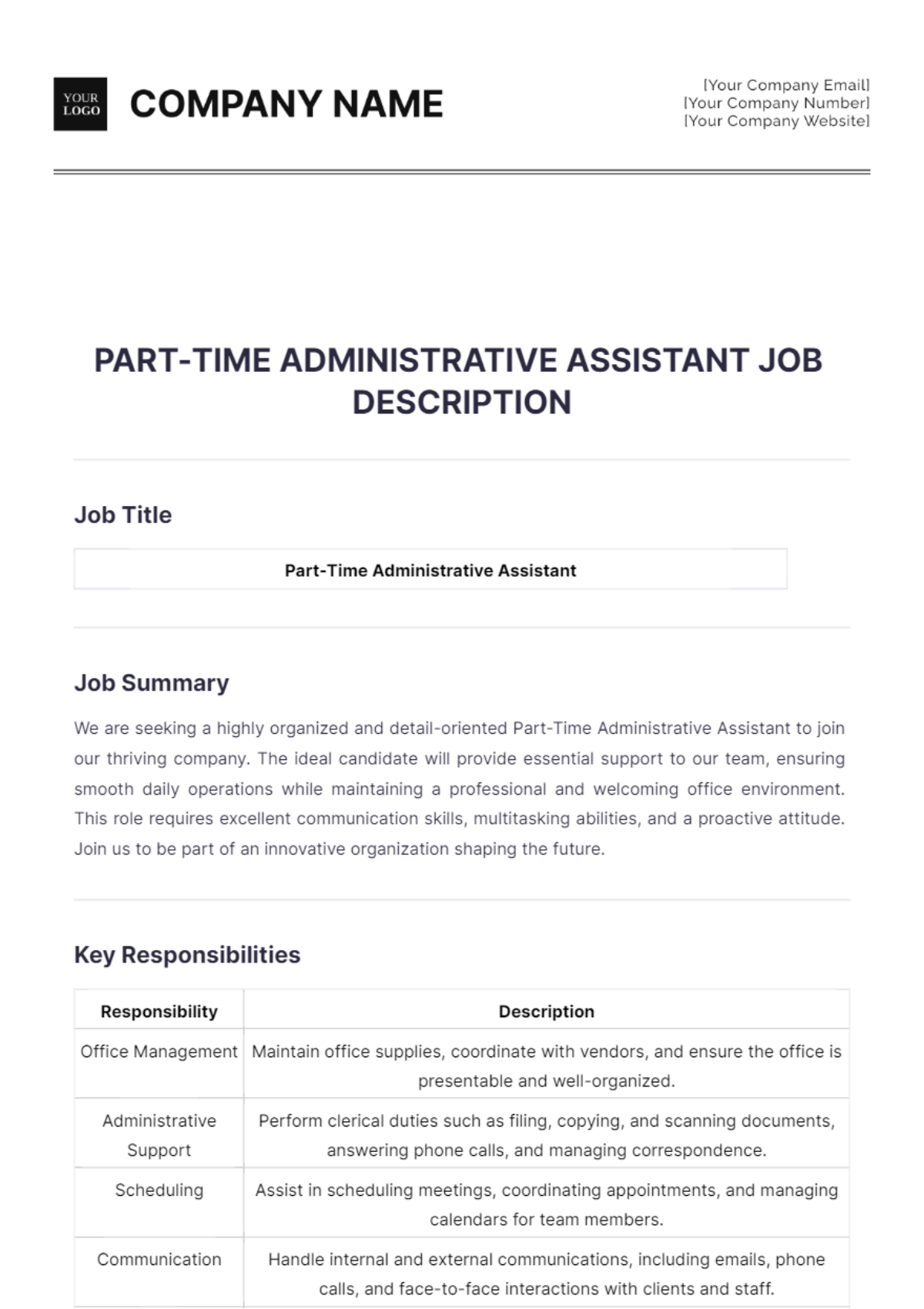 Part-Time Administrative Assistant Job Description Template - Edit Online & Download